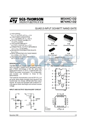 M74HC132B1R datasheet - QUAD 2-INPUT SCHMITT NAND GATE