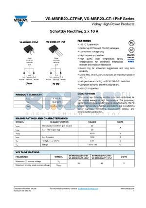 MBR2035CTTRRPBF datasheet - Schottky Rectifier, 2 x 10 A