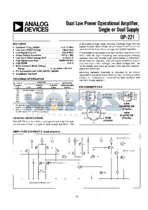 OP-221GP datasheet - DUAL LOW POWER OPERATIONAL AMPLIFIER, SINGLE OR DUAL SUPPLY