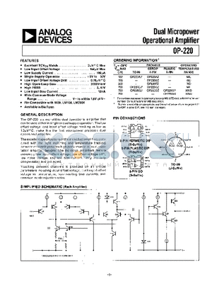 OP-220AZ datasheet - DUAL MICROPOWER OPERATIONAL AMPLIFIER