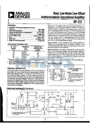 OP-227BY/883 datasheet - DUAL, LOW-NOISE LOW OFFSET INSTRUMENTATION OPERATIONAL AMPLIFIER