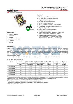 PLP75-3001G datasheet - AC-DC power supplies suited for telecom