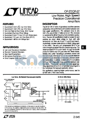 OP-27 datasheet - Low Noise, High Speed Precision Operational Amplifiers