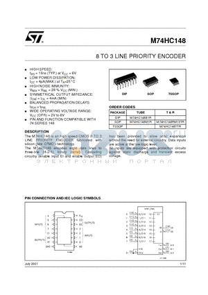 M74HC148RM13TR datasheet - 8 TO 3 LINE PRIORITY ENCODER