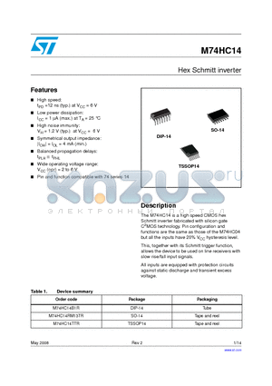 M74HC14TTR datasheet - Hex Schmitt inverter