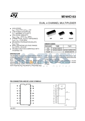 M74HC153B1R datasheet - DUAL 4 CHANNEL MULTIPLEXER