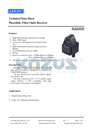 PLR135-T9 datasheet - Photolink- Fiber Optic Receiver