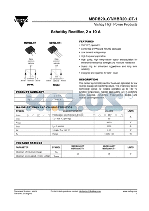 MBR2045CT-1TRL datasheet - Schottky Rectifier, 2 x 10 A