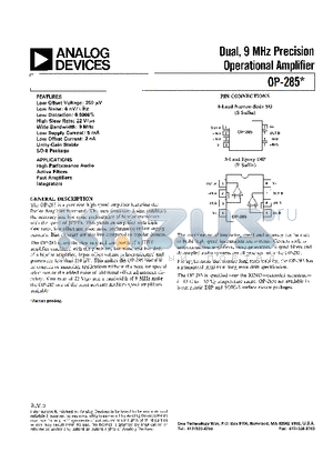 OP-285GBC datasheet - DUAL, 9MHz PRECISION OPERATIONAL AMPLIFIER