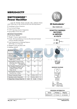 MBR2045CTD datasheet - SWITCHMODEE TM Power Rectifier