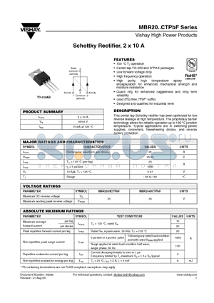 MBR2045CTPBF datasheet - Schottky Rectifier, 2 x 10 A