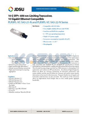 PLRXPL-VC-S43-21-N datasheet - 10 G SFP 850 nm Limiting Transceiver, 10 Gigabit Ethernet Compatible
