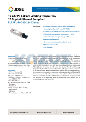 PLRXPL-SX-S43-22-N datasheet - 10 G SFP 850 nm Limiting Transceiver, 10 Gigabit Ethernet Compliant