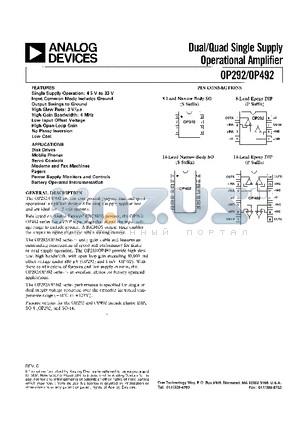 OP-292 datasheet - DUAL/QUAD SINGLE SUPPLY OPERATIONAL AMPLIFIER