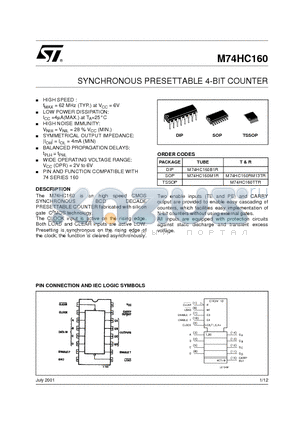 M74HC160M1R datasheet - SYNCHRONOUS PRESETTABLE 4-BIT COUNTER