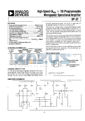 OP-32 datasheet - High-Speed(Avcl => 10) Programmable Micropower Operational Amplifier