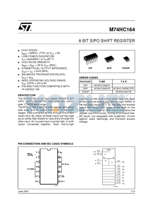M74HC164RM13TR datasheet - 8 BIT SIPO SHIFT REGISTER