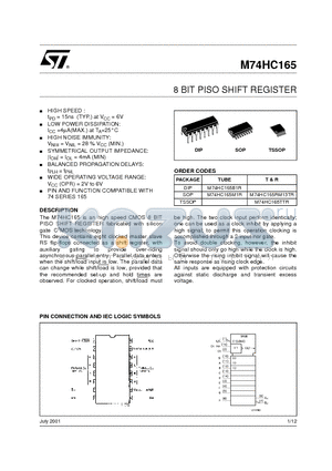 M74HC165M1R datasheet - 8 BIT PISO SHIFT REGISTER