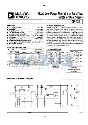 OP-421 datasheet - QUAD LOW-POWER OPERATIONAL AMPLFIFIER, SINGLE OR DUAL SUPPLY