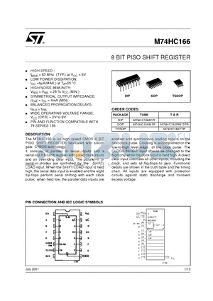 M74HC166TTR datasheet - 8 BIT PISO SHIFT REGISTER