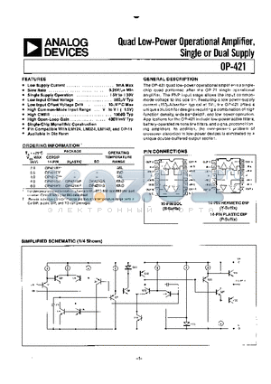 OP-421FY datasheet - QUAD LOW-POWER OPERATIONAL AMPLFIFIER, SINGLE OR DUAL SUPPLY