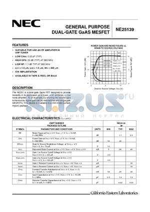 NE25139U74 datasheet - GENERAL PURPOSE DUAL-GATE GaAS MESFET