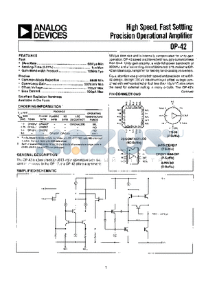 OP-42FZ datasheet - HIGH SPEED, FAST SETTLING PRECISION OPERATIONAL AMPLIFIER