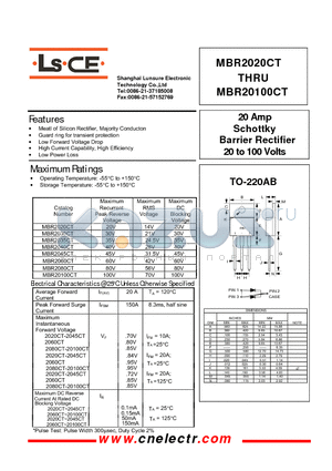 MBR2080CT datasheet - 20Amp schottky barrier rectifier 20to100 volts