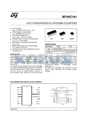 M74HC191M1R datasheet - 4 BIT SYNCHRONOUS UP/DOWN COUNTERS