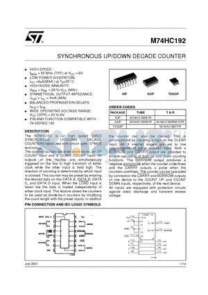 M74HC192B1R datasheet - SYNCHRONOUS UP/DOWN DECADE COUNTER