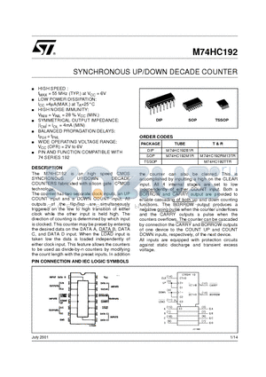 M74HC192TTR datasheet - SYNCHRONOUS UP/DOWN DECADE COUNTER