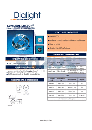 OP015 datasheet - 20mm LENSES AND HOLDERS