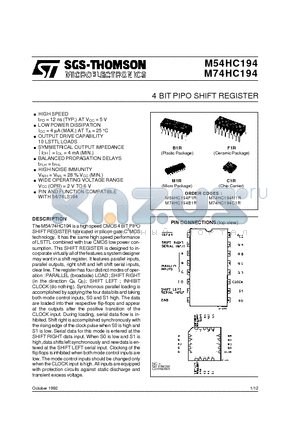 M74HC194B1R datasheet - 4 BIT PIPO SHIFT REGISTER