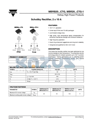 MBR2080CTG-1 datasheet - Schottky Rectifier, 2 x 10 A