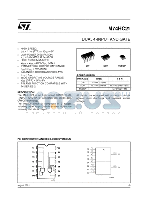 M74HC21RM13TR datasheet - DUAL 4-INPUT AND GATE