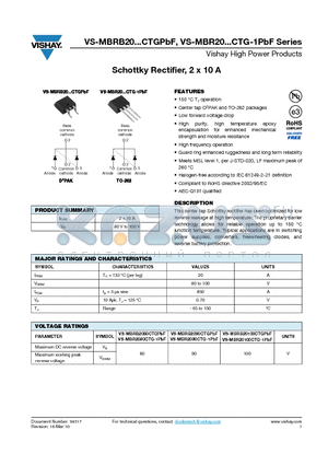 MBR2080CTGTLPBF datasheet - Schottky Rectifier, 2 x 10 A