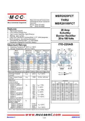 MBR2080FCT datasheet - 20 Amp Schottky Barrier Rectifier 20 to 100 Volts