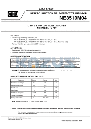 NE3510M04-T2-A datasheet - HETERO JUNCTION FIELD EFFECT TRANSISTOR