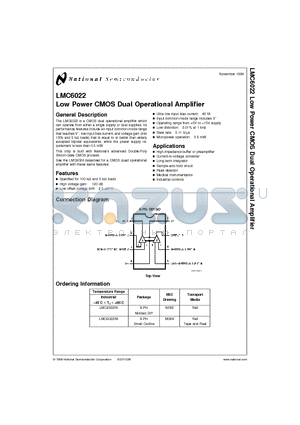 LMC6022 datasheet - Low Power CMOS Dual Operational Amplifier