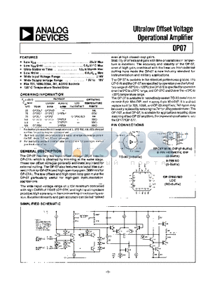 OP07CP datasheet - Ultralow Offset Voltage Dual Operational Amplifier