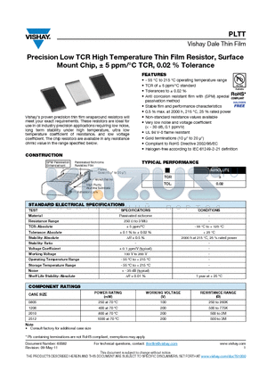 PLTT0805Z1001AGT5 datasheet - Precision Low TCR High Temperature Thin Film Resistor, Surface Mount Chip
