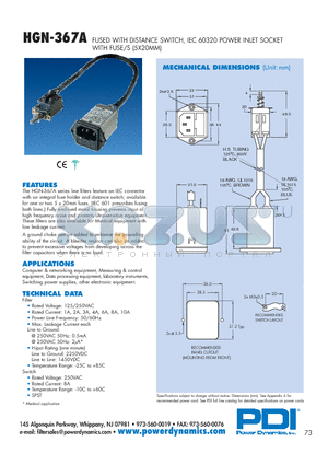 HGN-367A01Q-10-1AT datasheet - FUSED WITH DISTANCE SWITCH, IEC 60320 POWER INLET SOCKET WITH FUSE/S (5X20MM)