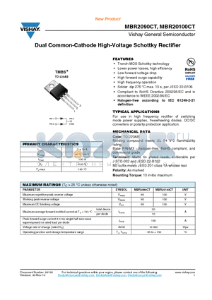 MBR2090CT datasheet - Dual Common-Cathode High-Voltage Schottky Rectifier