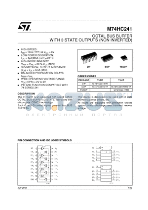M74HC241B1R datasheet - OCTAL BUS BUFFER WITH 3 STATE OUTPUTS (NON INVERTED)