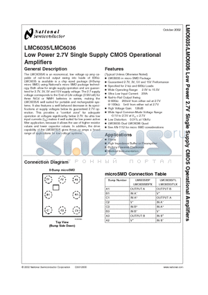 LMC6035IBPX datasheet - Low Power 2.7V Single Supply CMOS Operational Amplifiers