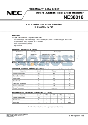 NE38018-T2 datasheet - L to S BAND LOW NOISE AMPLIFER N-CHANNEL HJ-FET