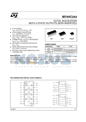 M74HC244TTR datasheet - OCTAL BUS BUFFER WITH 3 STATE OUTPUTS (NON INVERTED)