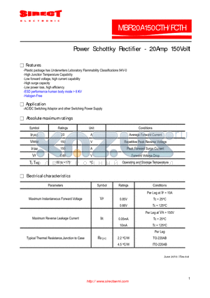 MBR20A150CTH datasheet - Power Schottky Rectifier - 20Amp 150Volt