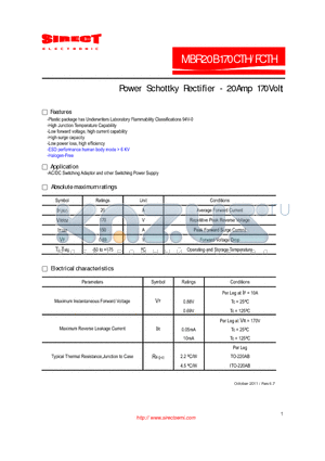 MBR20B170CTH datasheet - Power Schottky Rectifier - 20Amp 170Volt