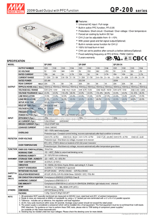 QP-200-3A datasheet - 200W Quad Output with PFC Function